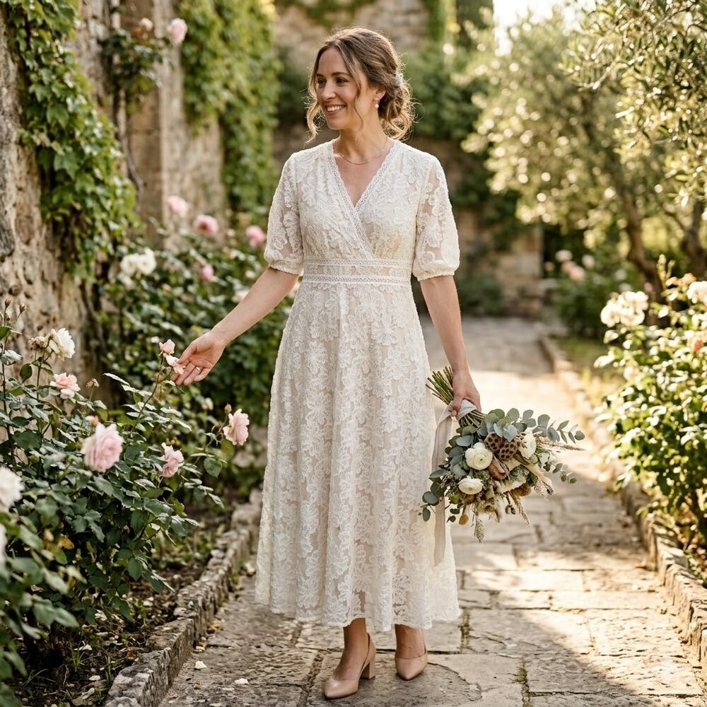 Ivory Lace Maxi Dress L Country Bride Romantic Garden Party Heirloom Ethereal